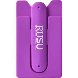 A purple phone wallet with a logo, designed to hold cards, featuring a slim, compact design.