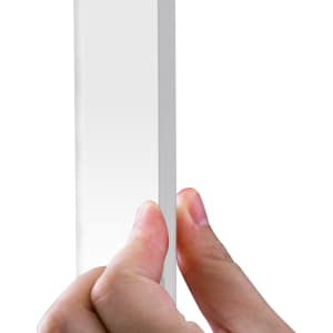 A clear personal protection screen held by a hand, featuring a slim white frame and transparent panel.