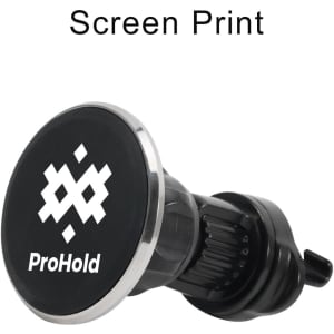 A round black car hook bracket with a silver rim and a logo on the front, designed for securing items.