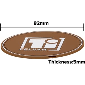 A brown oval PVC coaster featuring a logo, measuring 82mm in diameter and 5mm in thickness.