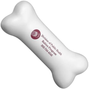 A white bone-shaped stress reliever with a logo and text printed on it, designed for stress relief.