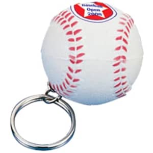 A white baseball stress reliever with red stitching attached to a keyring, featuring a logo.