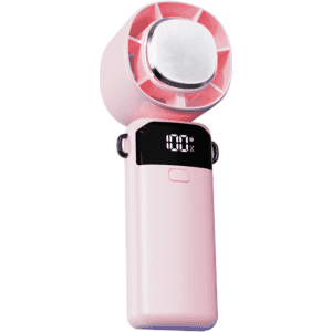 A portable pink cooling fan with a digital display and a phone stand attachment. It also features a logo.