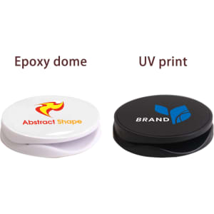 A round phone holder in white and black, featuring an epoxy dome and UV print, with a logo on each.