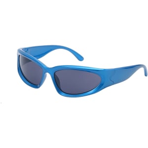 Wraparound sunglasses in a vibrant blue colour with dark lenses. Features a sleek design and branded logo.