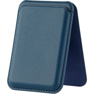 A navy blue PU foldable magnetic card holder with a phone stand feature. It has a smooth texture and a logo.