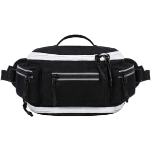 An expandable bum bag in black with white accents, featuring multiple zippered compartments and a handle.