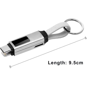A 100W 3-In-1 aluminium charging cable in silver with a digital display and attached keyring.