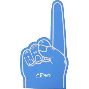 A giant foam hand in blue, shaped like a hand with one finger raised, featuring a logo.