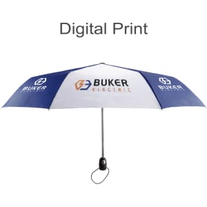 A 21'' automatic open and close umbrella in blue and white with a logo printed on the canopy.
