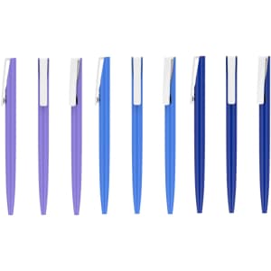A collection of plastic pens featuring barrel colours in shades of purple and blue, each with a silver clip.