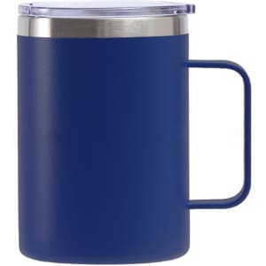 A stainless steel cup in navy blue with a handle and a transparent lid. It features a logo on the surface.