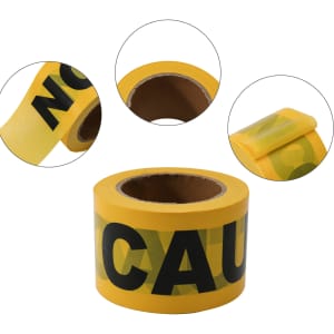 Yellow PE barrier tape displayed in a roll, featuring bold black lettering and a logo.