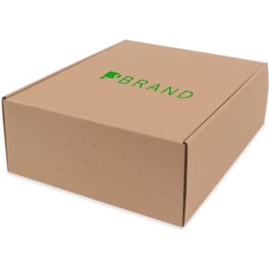 A small brown cardboard box with a logo on the side, suitable for packaging.