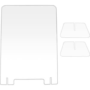 A clear personal protection screen with a rounded top and two smaller, matching stands beside it.