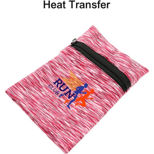 A pink, textured mini wearable wallet with a zip closure and a logo.
