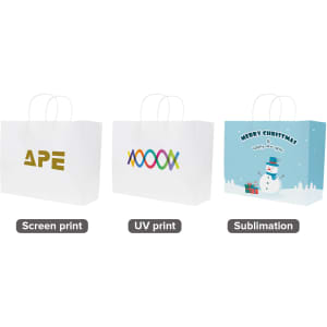 Three white kraft paper bags with twisted handles, featuring various prints, including a snowman design and branding.