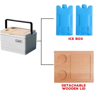 A cooler box in white with a detachable wooden lid and two blue ice packs, featuring a black handle.