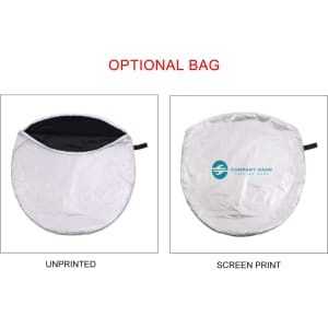 A round, silver aluminium car snow cover with a black underside, featuring a logo on one side.