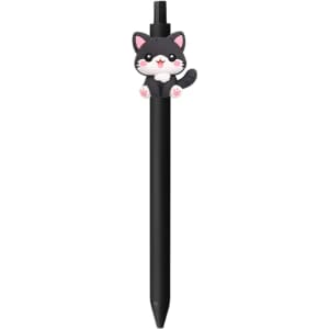 A black pen featuring a cute cat character on top. The pen has a playful design and includes a logo.