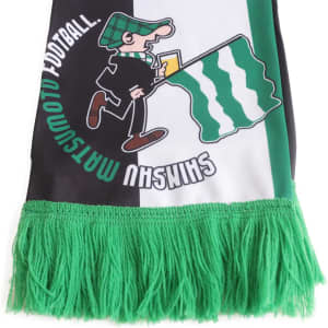A polyester scarf featuring green fringes, with a playful illustration and a logo.