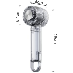 A transparent cooling fan with a cylindrical body, featuring a circular head and dimensions displayed alongside.