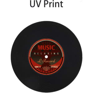 A black vinyl coaster featuring a red and orange label with the word "Music" and decorative elements.