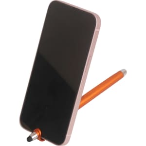 A stylus ball pen in orange positioned as a mobile holder, displaying a smartphone with a black screen.