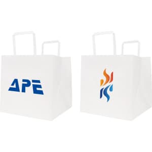 Flat handle kraft paper bag in white, featuring two side designs with logos. Dimensions: 250x250x250mm.
