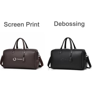 A polyurethane duffle bag in brown with a logo and a black variation, also featuring a logo, both with handles.