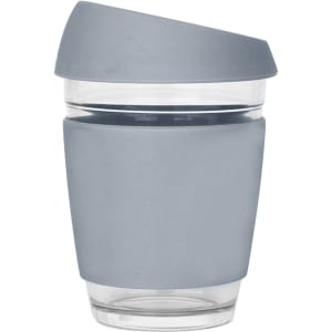 A drink bottle featuring a sleek design in clear glass with a grey silicone sleeve and lid. It includes a logo.