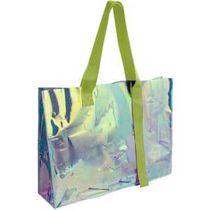 A colourful transparent PVC tote bag with a glossy finish and green straps, showcasing iridescent hues.
