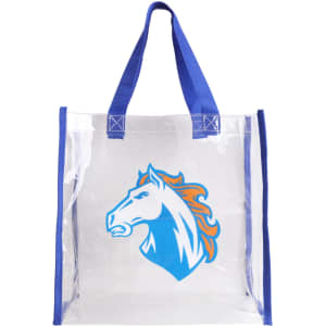 A clear tote bag with blue handles and an emblem featuring a horse in blue and orange.