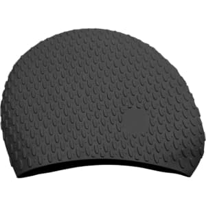 A black silicone swimming cap with a textured surface featuring water droplet patterns. Includes branding.