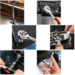 A mechanic socket set featuring various chrome and black tools, including ratchets and sockets, arranged in multiple angles.