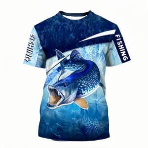 A blue and white fishing t-shirt featuring a graphic of a fish and ocean elements, with a logo on the sleeve.