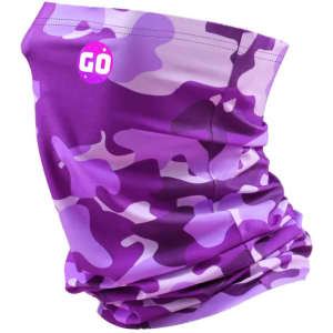 A purple camo polyester neck gaiter with a logo, designed as a clothing accessory.