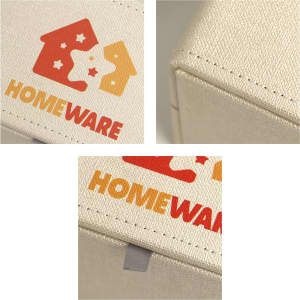 A medium tissue box in a textured beige finish, featuring colourful branding.