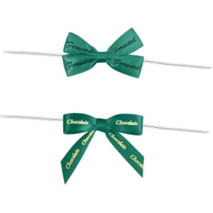 Twist Tie Bows in dark green with black and gold printed text on a white twist tie.