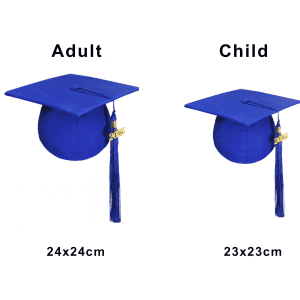 A blue mortarboard graduation cap for adults and a smaller version for children, both featuring a tassel.