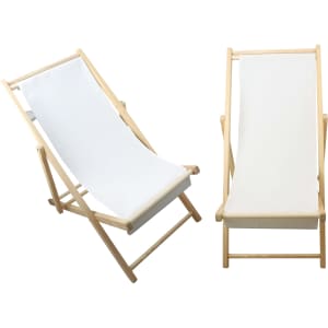A wooden beach chair with a light timber frame and white fabric seat, presented in two positions.