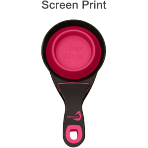 A collapsible pet food scoop in black and pink with a round cup marked for measurements. Features a logo.