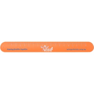An orange silicone slap band with measurement markings and a logo.