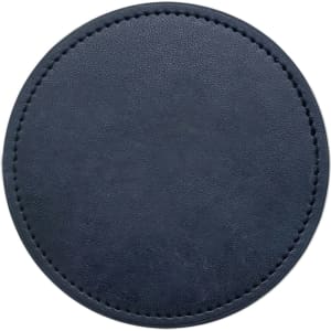 A round PU coaster in navy blue with a stitched edge and a smooth surface, featuring a logo.