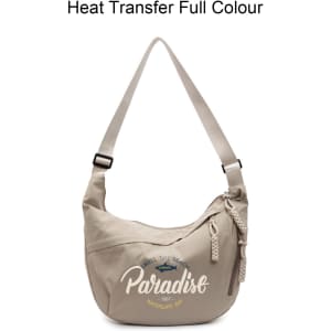 A beige crossbody bag with a logo and the word "Paradise" printed on the front. It features an adjustable strap.