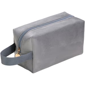 A grey flannel cosmetic bag with a zip closure and a handle for easy carrying.