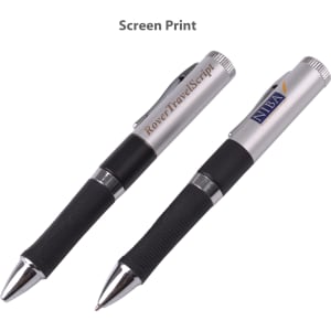 A silver and black pen with a textured grip, featuring a logo on the clip and a shiny silver tip.