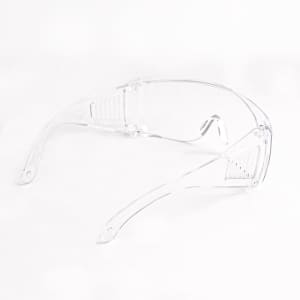 Clear anti-fog safety protective goggles with a sleek design and a logo on the side.