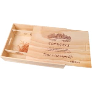A wooden wine gift box with a natural finish, designed to hold six bottles, featuring a logo and compartments.