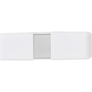 A white flash drive with a silver connector and a simple design. It features a branding logo.